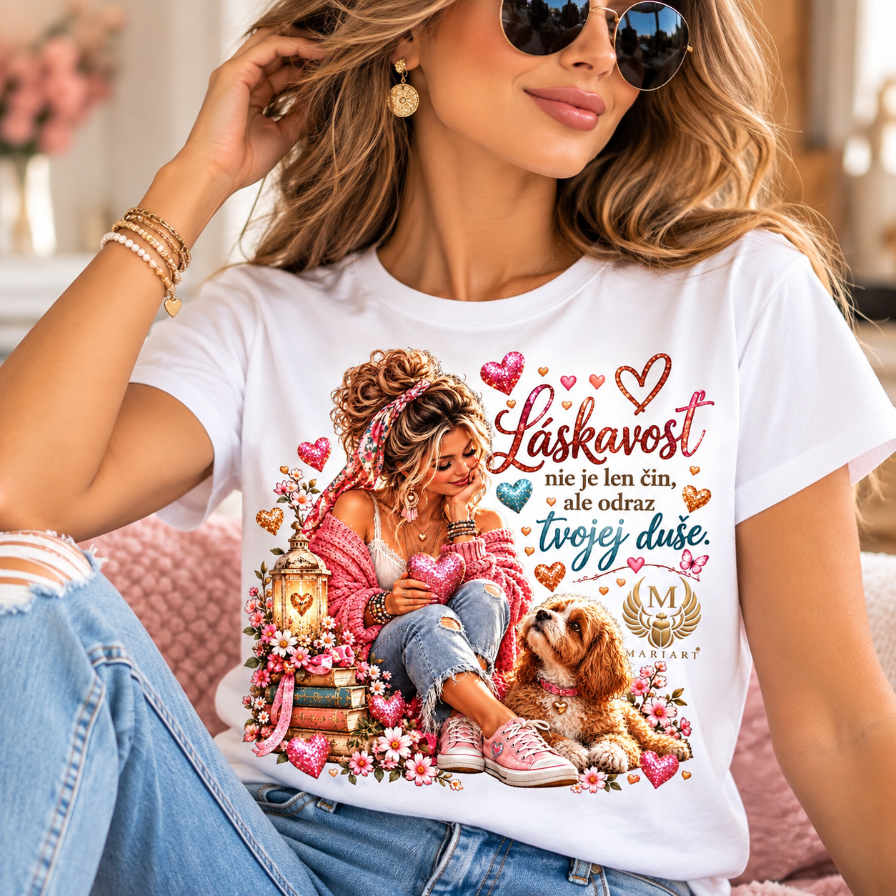 Dámske biele tričko „Láskavosť“ s originálnou potlačou Mariart